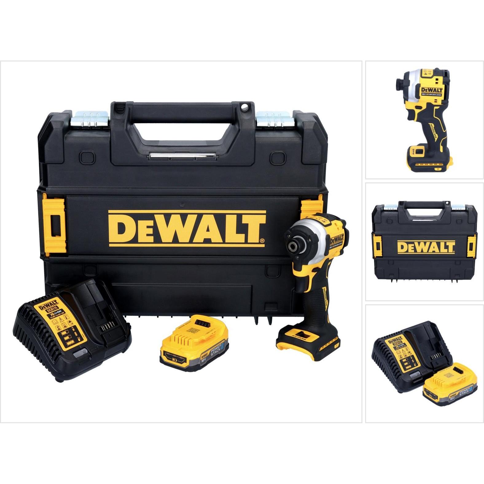 DeWalt, Bohrmaschine + Akkuschrauber, DCF 850 E1T Akku Schlagschrauber 18 V 205 Nm 1/4" Brushless + 1x Akku 1,7 Ah + Lad...