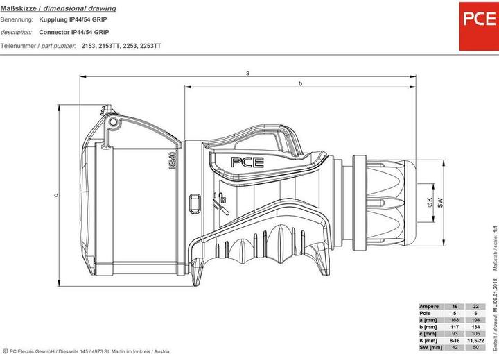 Productafbeelding PCE CEE-koppeling 16A 5p 6h GRIP (CEE 16/6)