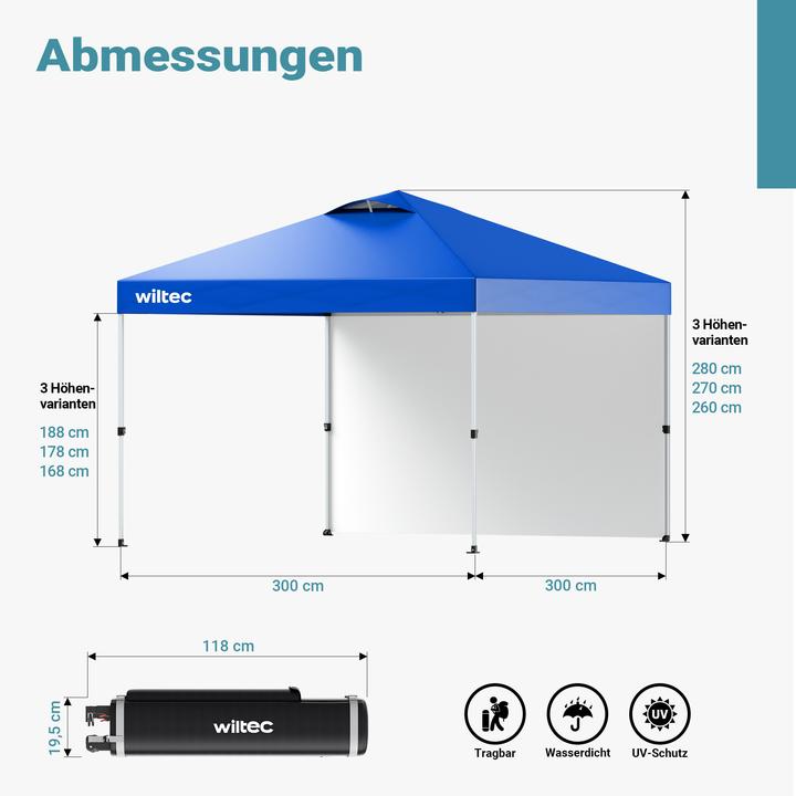 Produktbild Wiltec Pop up Pavillon 3x3m blau Seitenteil Räder Gartenpavillon Faltpavillon (300 cm, 300 cm)
