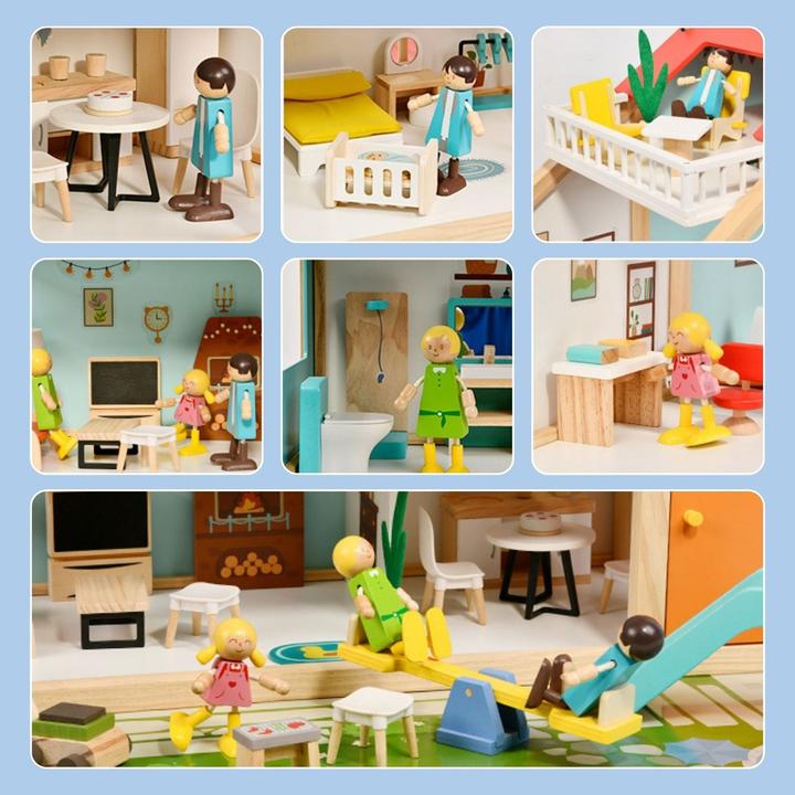 Image du produit Hermex 59-tlg. Holz-Puppenhaus mit Puppen Puppen-Villa mit Garten Spielhaus