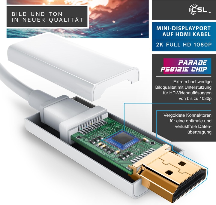 Immagine prodotto CSL Cavo da Mini Displayport a HDMI 4k | Porte Thunderbolt 1 e Thunderbolt 2 | 4K Ultra HD 2160p (3 m, DisplayPort, HDMI)
