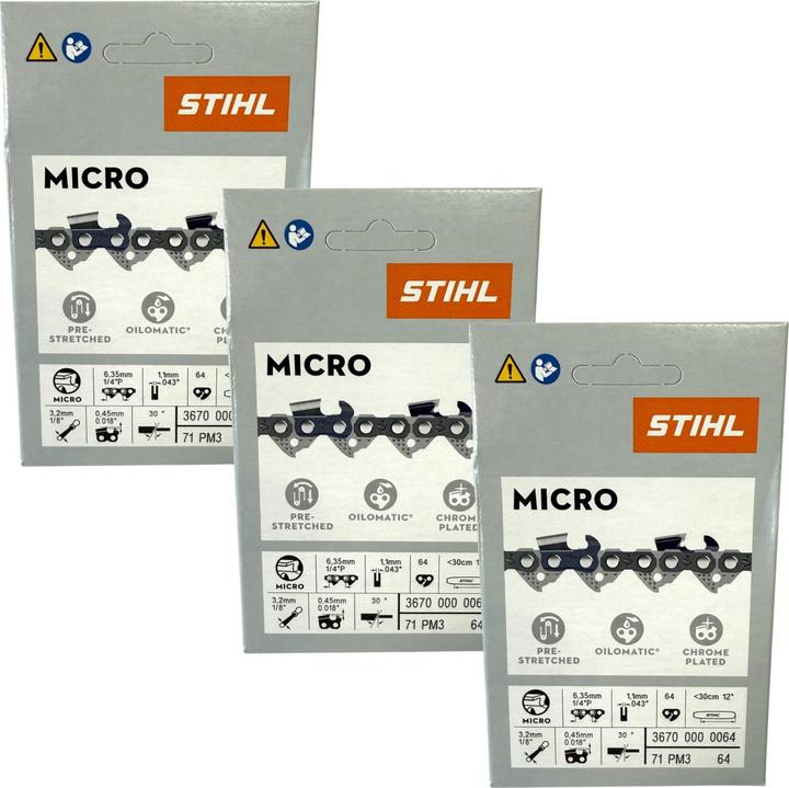 Productafbeelding Stihl 3x 1/4" Picco Micro 3 (PM3) Sägekette 30 cm 1/4" P 1,1 mm 64 TG 3 Stück ( 3x 36700000064 ) (Kettingzaag, Zaagketting)
