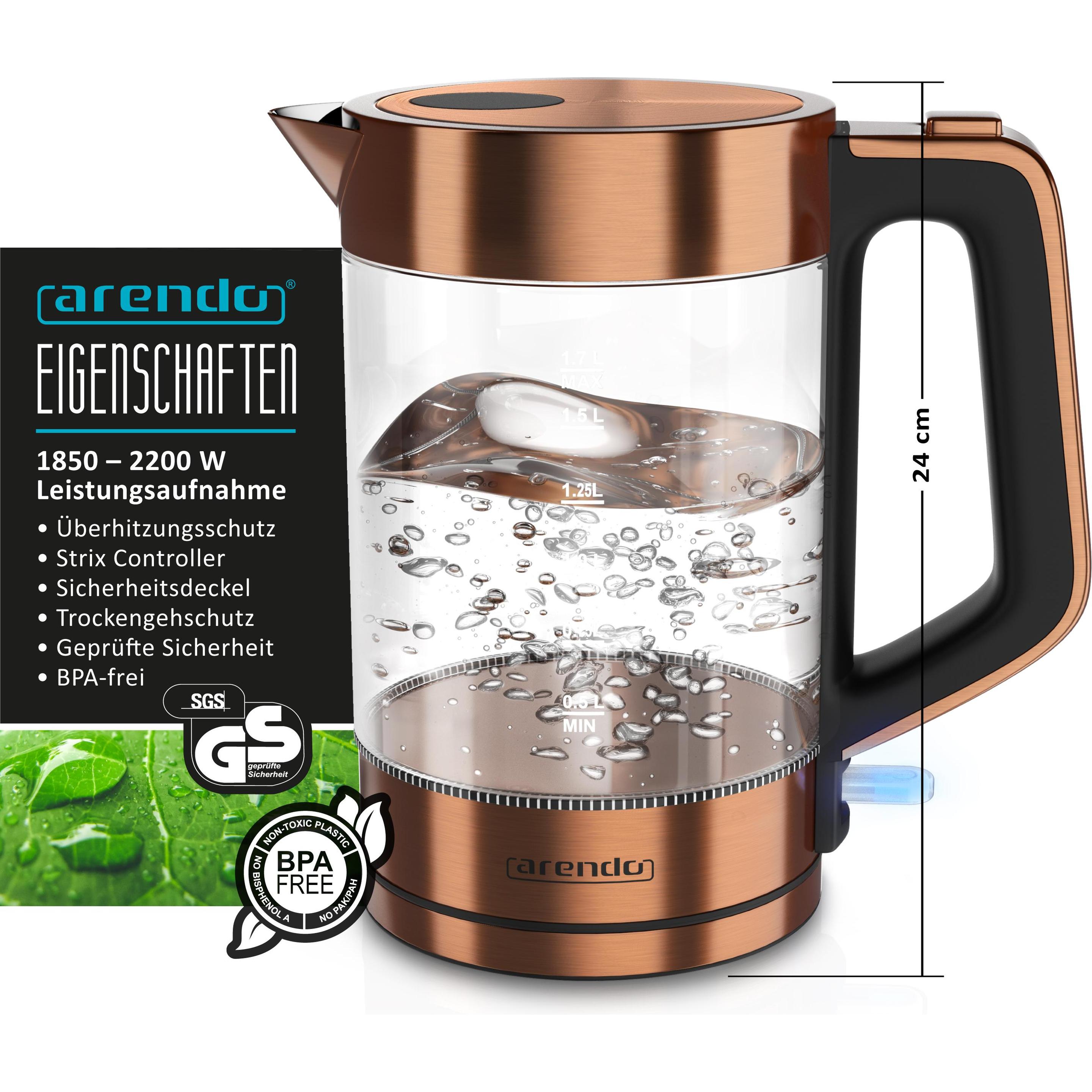 Thumbnail - Arendo Frühstücks Set, Glas Wasserkocher 1,7l 2200W & 2-Scheiben Langschlitz Toaster, Edelstahl, Kupfer, Wasserkocher, K...