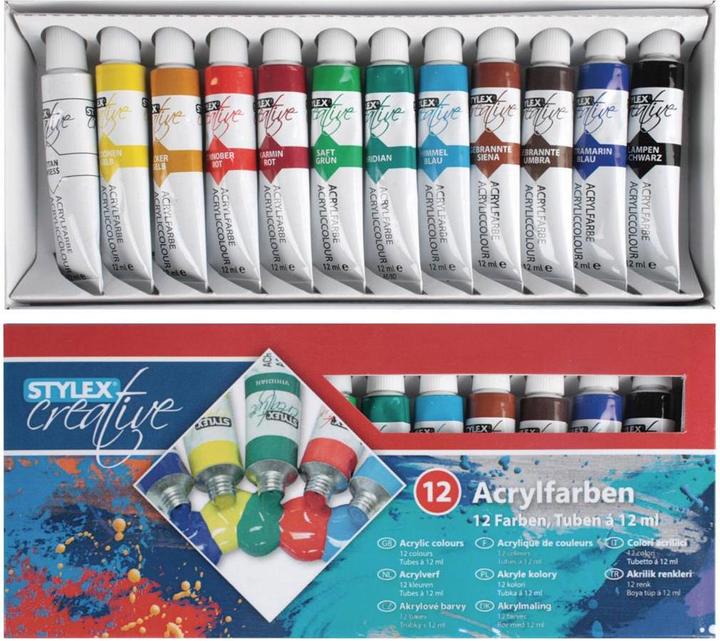 Productafbeelding Stylex Acrylverf, 12st. (Wit, Oranje, Geel, Groen, Blauw, Zwart, Rood, Bruin, 12 ml)