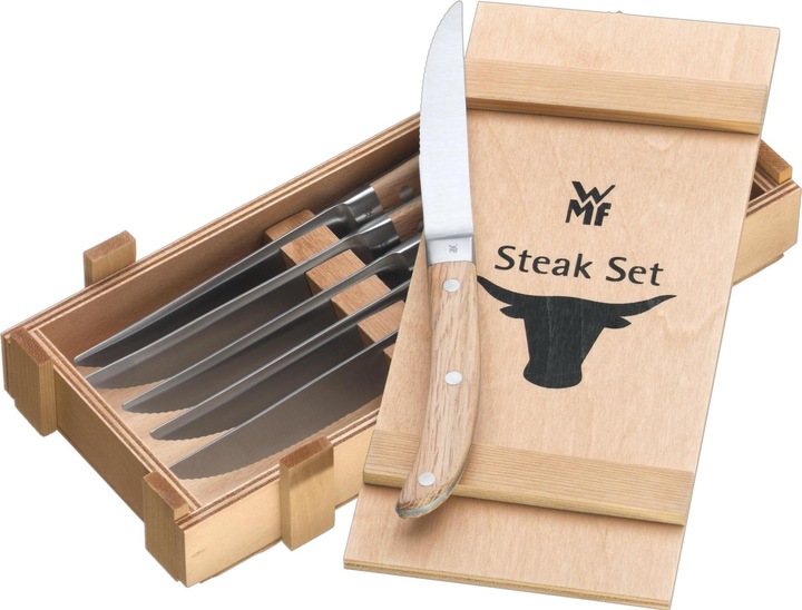 WMF Steakmesser Set 6tlg Pizzamesser Ranch Spezialklingenstahl Eichenholz Holzbox (6 Stück, Messer)
