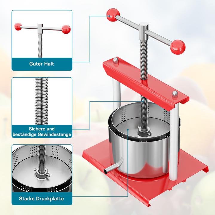 Immagine prodotto Wiltec Presse à fruits Pressoir à vin Acier 6l Cuve en acier inoxydable Pressoir Fruits Baies (Spina UE)