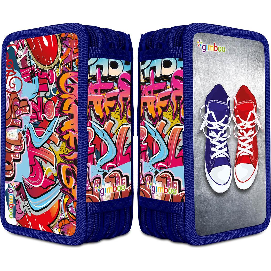 Gimboo, Etui, Schulmppchen, mit Ausstattung, 3 Fcher, Graffiti, blau