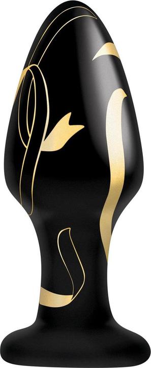 Actual product image Secret Kisses Handblown Glass Wide Butt Plug Black Gold (4")