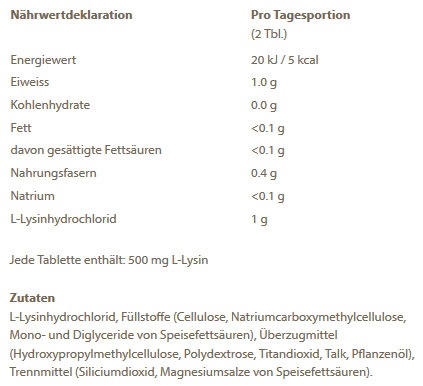 Valeurs nutritives et ingrédients Burgerstein L-lysine (90 pièce(s), Cachets, 50 g)