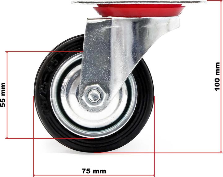 Image du produit Wiltec Kit 2x Roulettes pivotantes Caoutchouc plein 75 mm Jantes en métal Plaque de montage 50 kg par roue