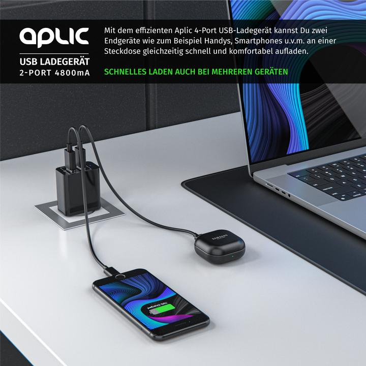 Produktbild Aplic USB Ladegerät 4800 mA, 2 Port Netzteil für Handy/Smartphone/Tablet, 4800mA - 2400mA je Port, schwarz (28 W)