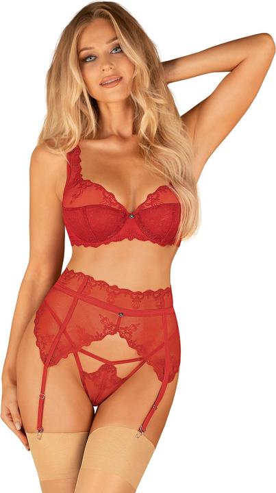 Produktbild Obsessive Lonesia Lace Bra Set With Sexy Panties - Red (S, M)