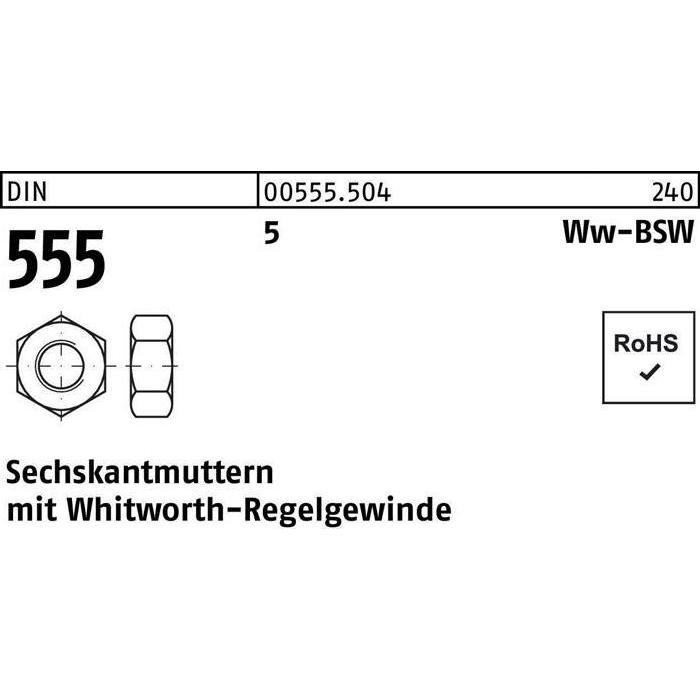 Muttern + Unterlegscheiben, Sechskantmutter DIN 555 Whitworthgewinde WW 1 5