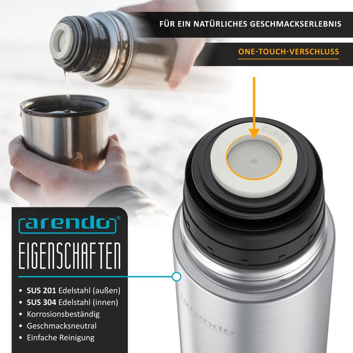 Produktbild Arendo Thermobecher 0,5l Edelstahl, doppelwandig isoliert, auslaufsicher, vakuumisoliert, 12h/24h warm/kalt (0.50 l)