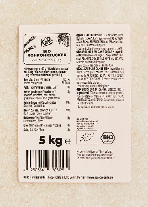 Valeurs nutritives et ingrédients KoRo Sucre de canne brut bio (5000 g)