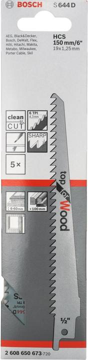 Image du produit Bosch Professional Zubehör Lame de scie sabre S 644 D, Top for Wood, paquet de 5