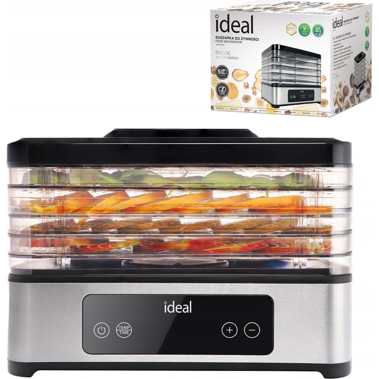 Ideal Grosser Lebensmitteltrockner für Pilze, Früchte, Gemüse INOX + Konvektion 400W + Timer, Essiccatore per alimenti, Argento