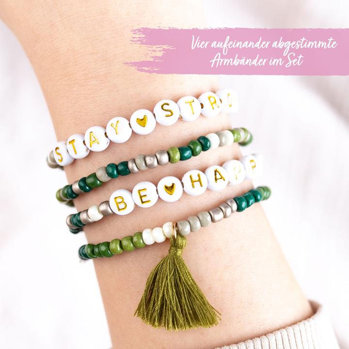 Image du produit Papierdrachen 4 Perlenarmbänder – BE HAPPY und STAY STRONG (Matières plastiques, Tissu, Caoutchouc)