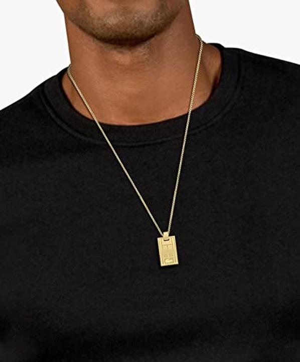 Actual product image Lacoste Tennis Hof Dogtag Necklace with Etched Crocodile Logo (Stainless steel with yellow-gold ion coating)