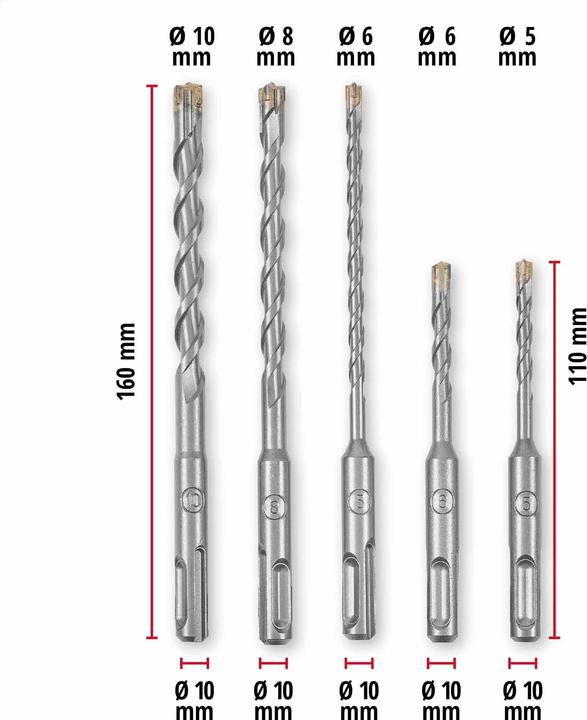 Produktbild Einhell SDS-Plus Hammerbohrer-Set, 265505, 5-10 mm, 5-teilig (10 Millimeter, 5 Millimeter, 6 Millimeter, 8 Millimeter)
