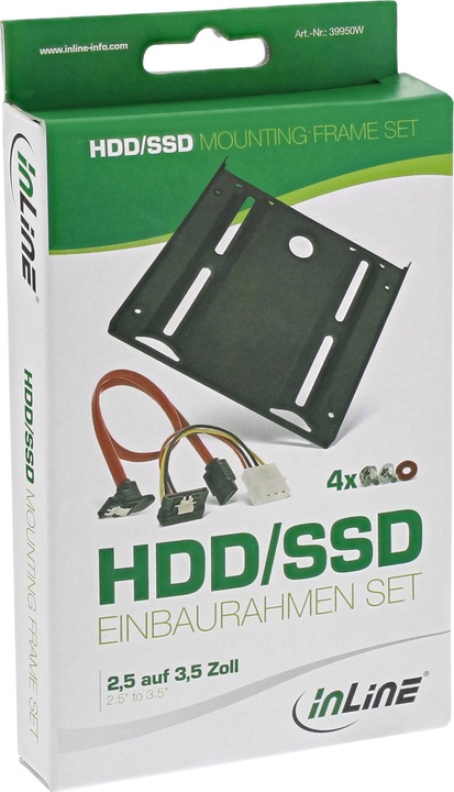 Produktbild InLine ® HDD-/SSD-Einbaurahmen SET, 2.5" auf 3.5" Rahmen, SATA Kabel, Stromkabel, Einbauschrauben