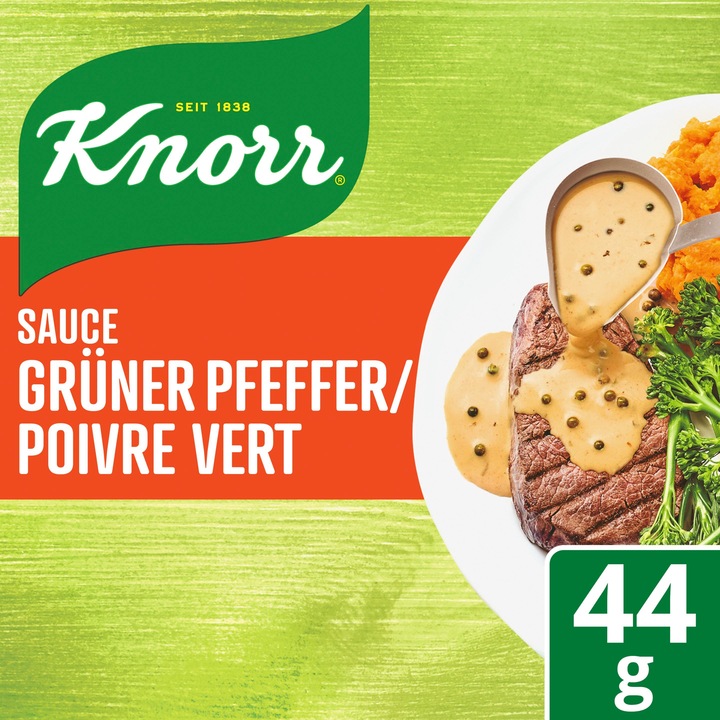 Produktbild Knorr Grüner Pfeffer Sauce Beutel, mit ganzen Pfefferkörnern, wunderbar crèmig, ideal für dunkles Fleisch (44 g)