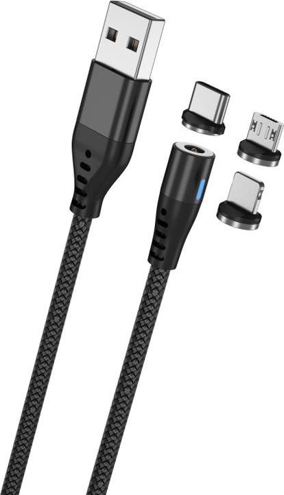 Produktbild Maxlife MXUC-02 magnetisches Kabel USB - Lightning + USB-C + microUSB 1,0 m 2A schwarzes Nylon (1 m, 10 W)