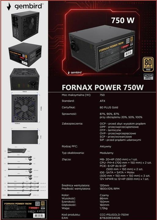 Produktbild Gembird CCC-PSUGOLD-750W Netzteil Fornax Power 750W aktiv PFC 12cm Lüfter 80+Gold (750 W)