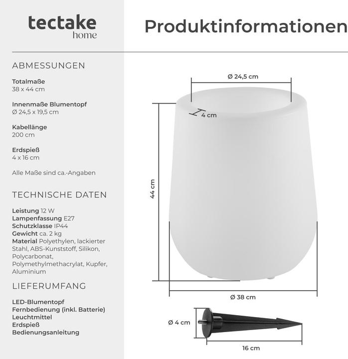 Actual product image tectake LED Flower Pot Luminous Courve Pot with Remote Control (38 x 38 x 44 cm)