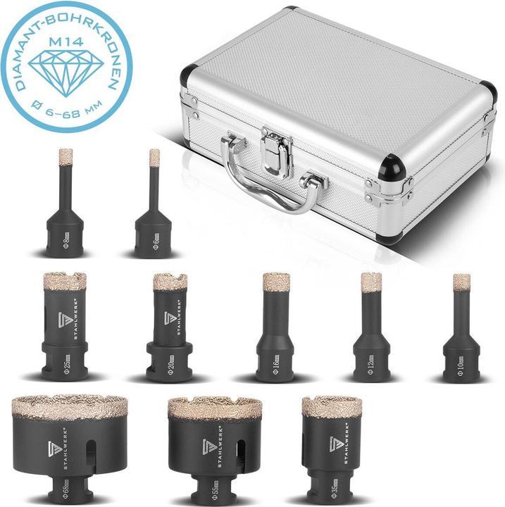 Actual product image Stahlwerk Diamond core bits set of 10 6-68 mm M14 for angle grinders (6, 8, 12, 16, 20, 25, 35, 55, 68 mm, 10 mm)