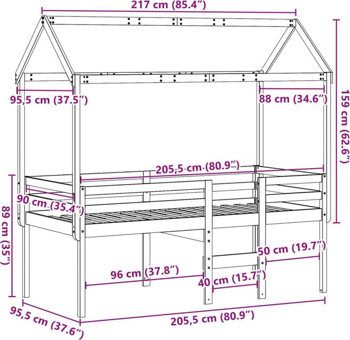 Produktbild vidaXL Hochbett mit Dach (75 x 190 cm)