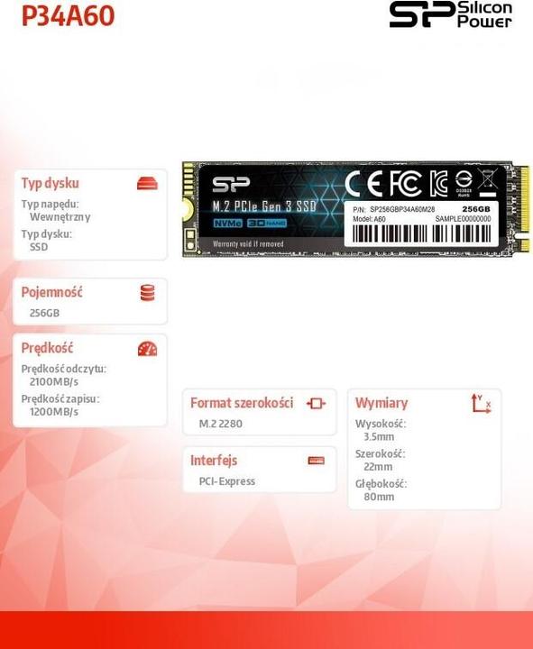 Actual product image Silicon Power A60 M.2 2280 256GB Max2200/1600 MB (256 GB, M.2 2280)