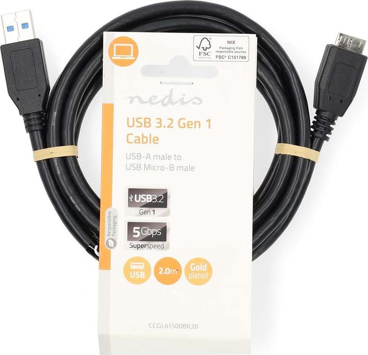 Actual product image Nedis USB cable | USB 3.2 Gen 1 | USB-A plug | USB Micro-B plug | 5 Gbps | Nickel-plated | 2.00 m (2 m, USB 3.2 Gen 1)