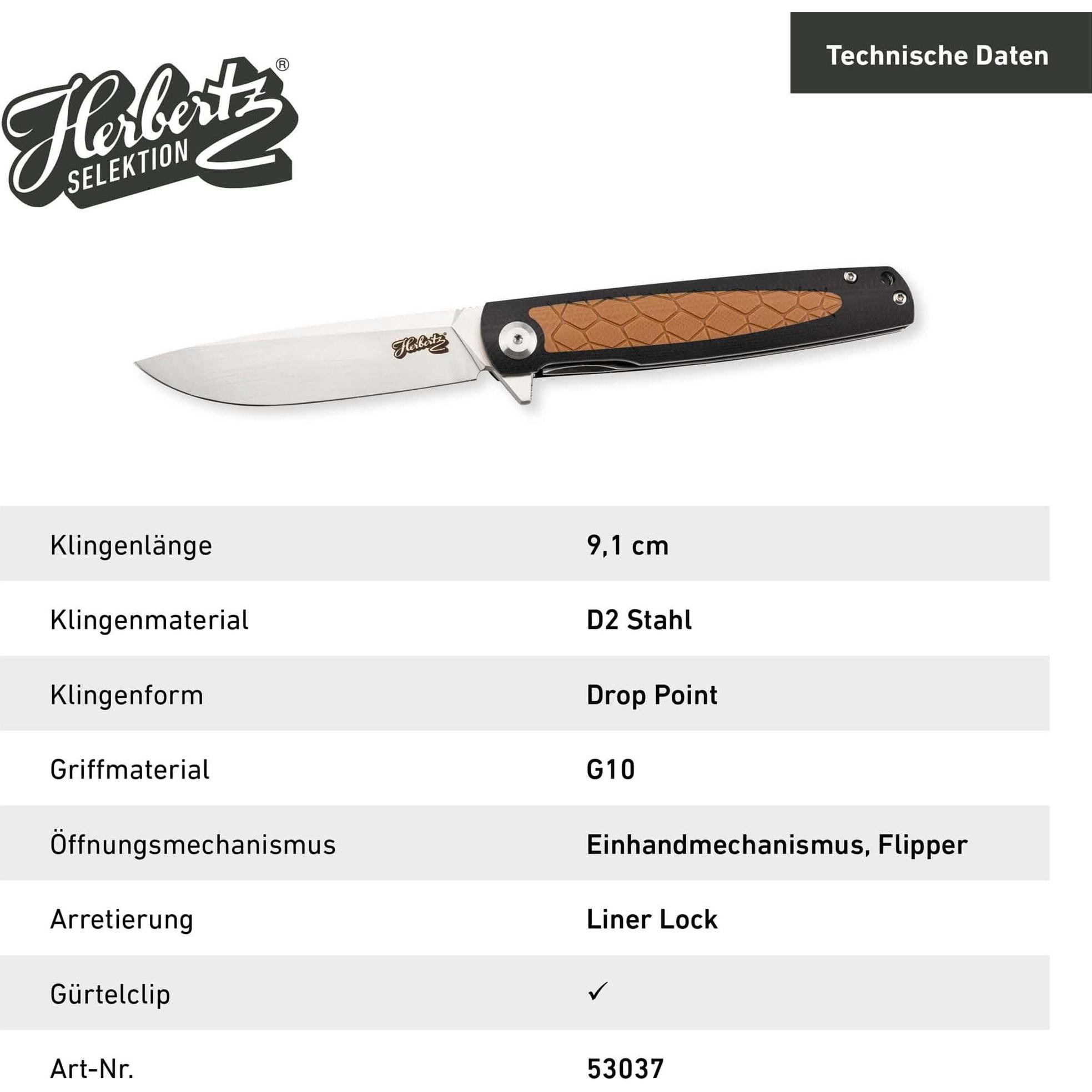Thumbnail - Herbertz, Mehrzweckmesser, Selektion Einhandmesser, D2 Stahl, rostfrei, Liner Lock, G10 Heftschalen, Taschenclip, Fan (9...