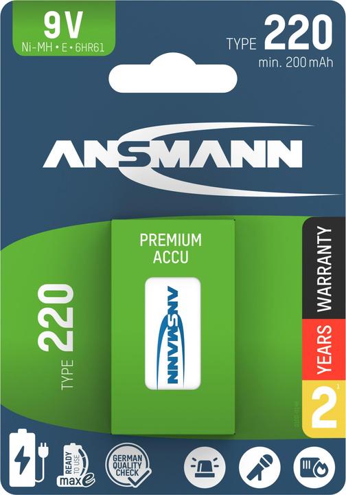 Actual product image Ansmann NiMH battery 9V E-Block type 220 (min. 200 mAh) maxE 1er (1 pcs., 9V Block, 200 mAh)
