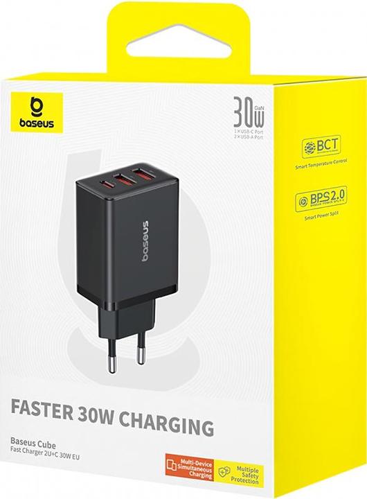 Produktbild Baseus Cube, 30W, 3A, 1 x USB-C - 2 x USB-A, schwarz (30 W, 3 Ports)