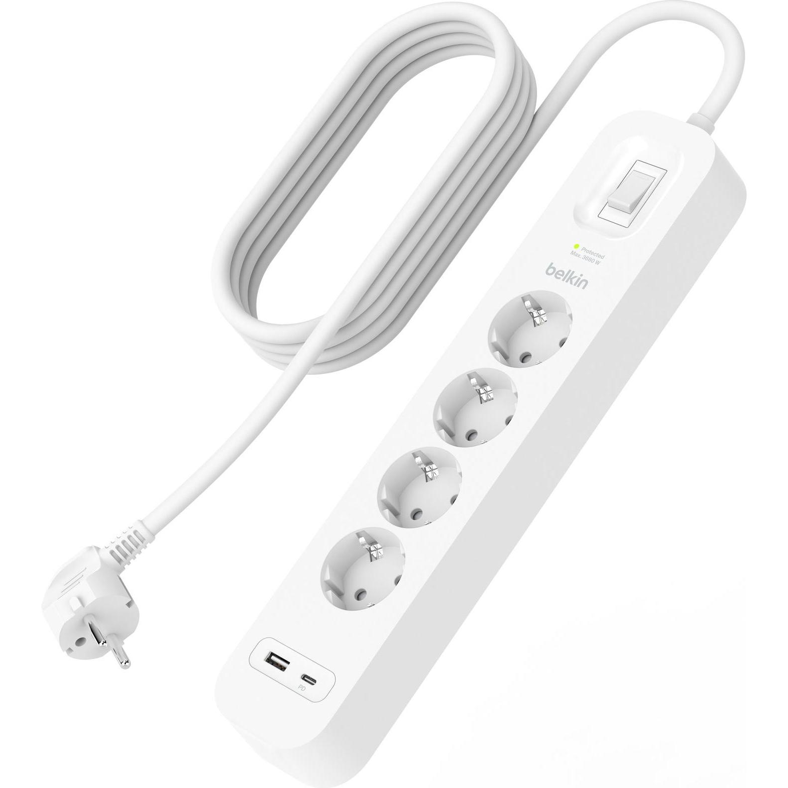 Belkin, Steckdosenleiste, Steckdosenleiste 4-fach + USB-A+C,525J,18W,2m SRB001vf2MV2 (4 x, 2 m)