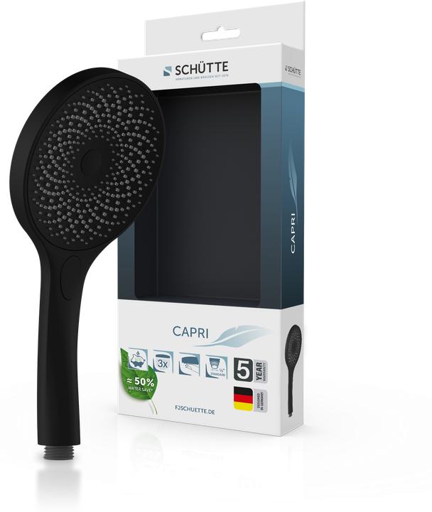Produktbild Schütte Duschkopf Bad CAPRI Handbrause Schwarz matt Wassersparende Dichtung 60993 (3 Strahlarten, 8 l/min)