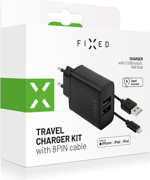 Productafbeelding Fixed nabíječka do sítě, konektor 2x USB-A, kabelis USB -> Lightning (MFI) délka 1 m, 15 W, juoda (15 W, 2 ports)