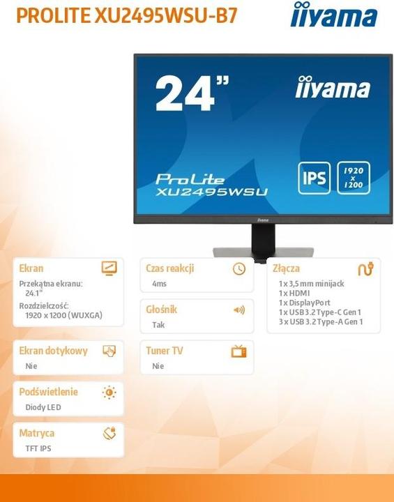 Produktbild iiyama 24.1IN ULTRA THIN IPS PANEL 1920X1200 4MS 300CD/M2 1000:1 1X (1920 x 1200 Pixel, 24")