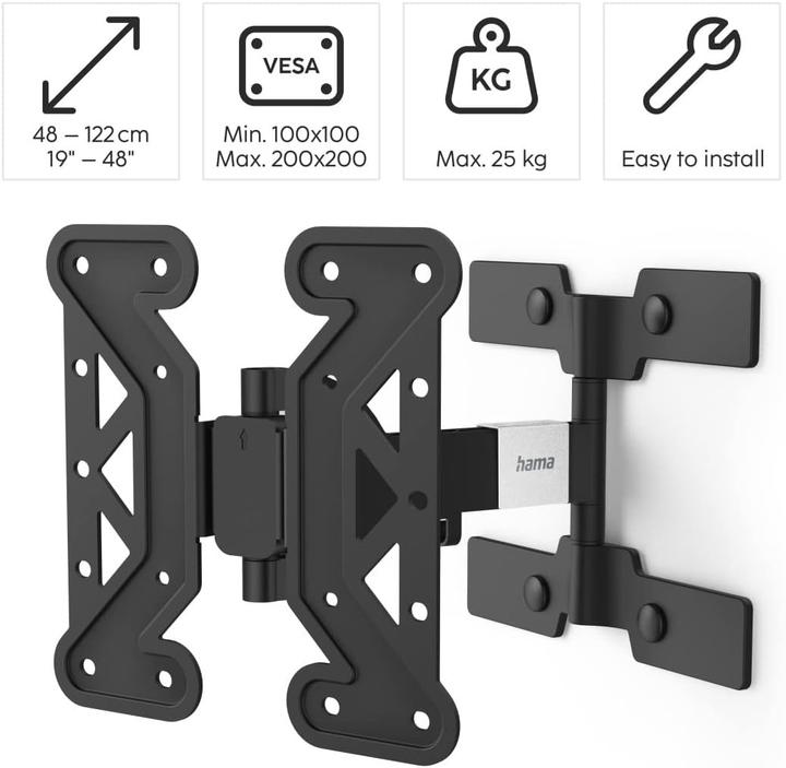 Image du produit Hama Support TV mural, inclinable, pivotant, extra-plat, 122 cm (48") jusqu'à 25 kg (Mur, 25 kg, 19" - 48")