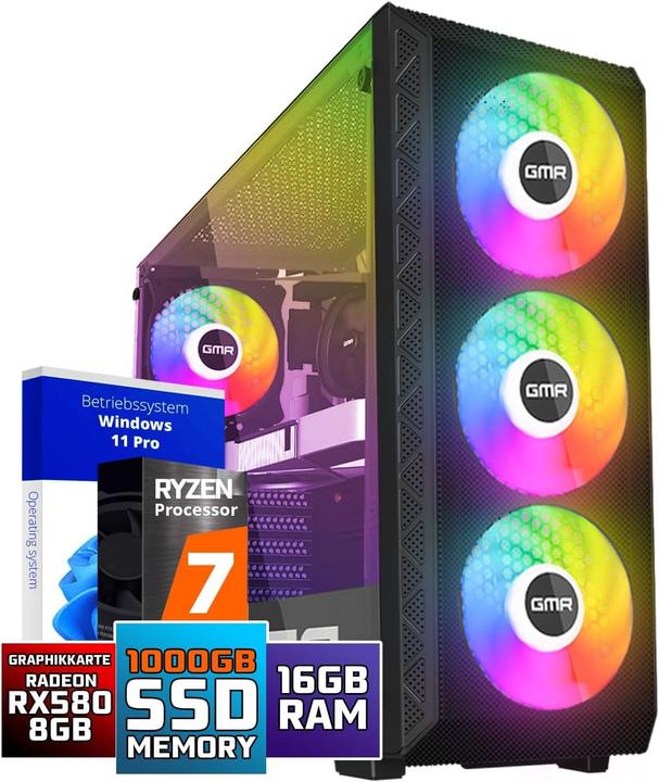 Produktbild GMR Gaming PC mit Ryzen 7, 16 GB RAM, 1000 GB SSD, RX 580, Windows 11 Pro (1000 GB, 16 GB, AMD Ryzen 7 2700X, Radeon RX 580X)