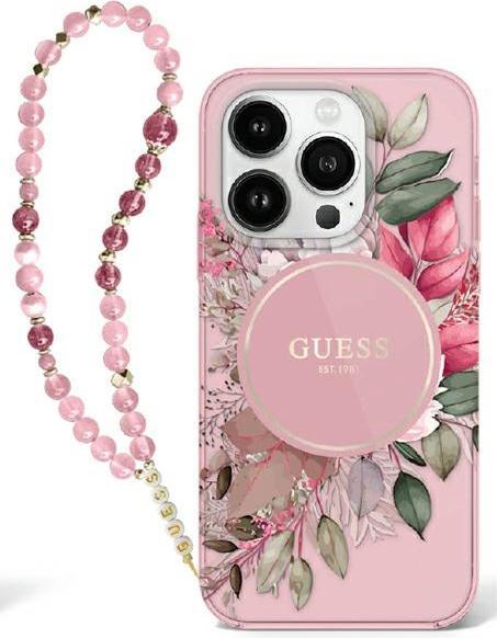 Produktbild Guess GUHMP16LHFWBRCESP iPhone 16 Pro 6.3" różowy/pink hardcase IML Flowers With Pearl Strap MagSafe (Apple iPhone 16 Pro)