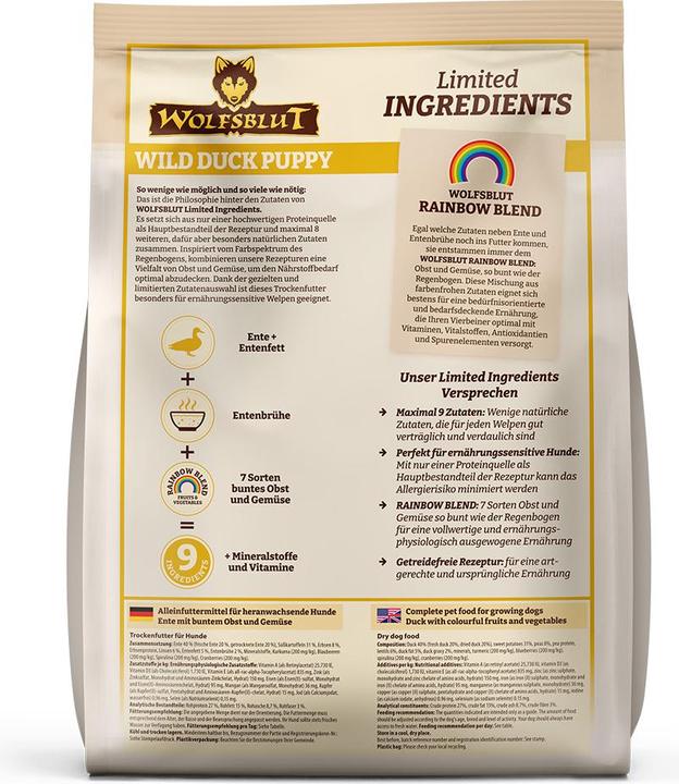 Nutritional values and ingredients Wolfsblut Limited Ingredients Puppy Wild Duck for dogs 1 kg (Puppy + kitten, 1 pcs., 1000 g)