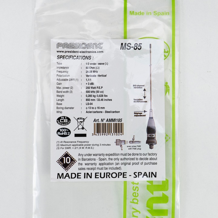 Actual product image President CB MS 85 antenna, 250 W, 85 cm, 26-28 MHz, with fixed bracket and 4 metre cable supplied
