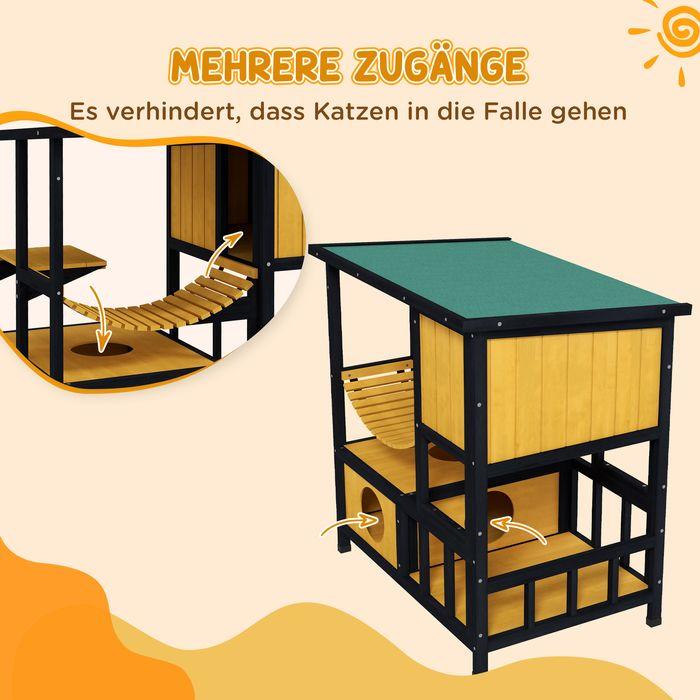 Produktbild Swisshandel24 Katzenhaus Holz, mit Hängebrücke, für 1-2 Katzen bis 5kg, Gelb (Katze)