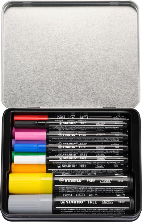 Produktbild STABILO FREE Acrylic Acrylmaker (Weiss, Karmin, Laubgrün, Orange, Gelb, Lila, taffy pink, Violett, Dunkelgrau, Schwarz, Dunkelblau, 10 mm, 11 x)