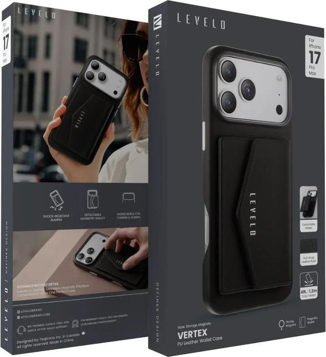 Produktbild Levelo Vertex PU Kunstleder Kartenfach Hülle Apple iPhone 17 Pro Max - Schwarz (Apple iPhone 17 Pro Max)
