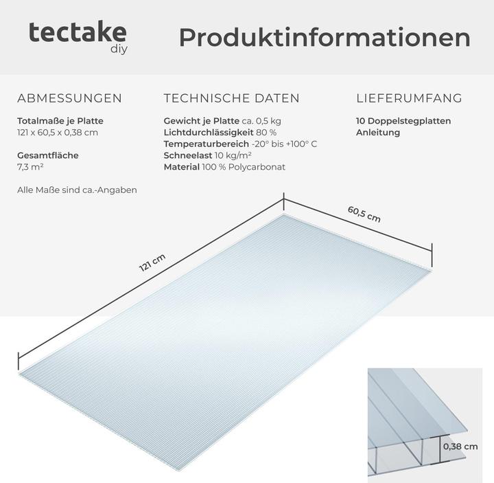 Produktbild tectake 10 Doppelstegplatten aus Polycarbonat, zuschneidbar