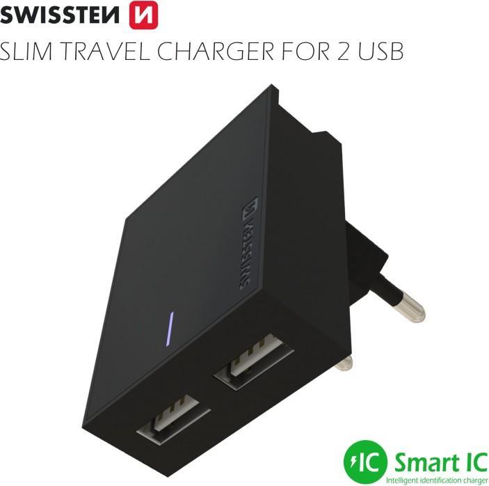 Produktbild Swissten Slim Series, Dual 3A USB-Netzladegerät mit Smart IC + USB-C Kabel (15 W)